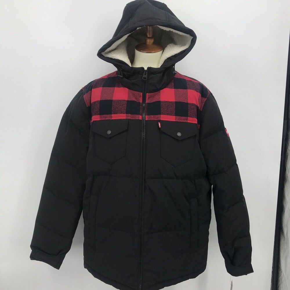 Levi's Men's Large Faux Shearling Lined Trucker Puffer Jacket LM9RN721 Plaid New